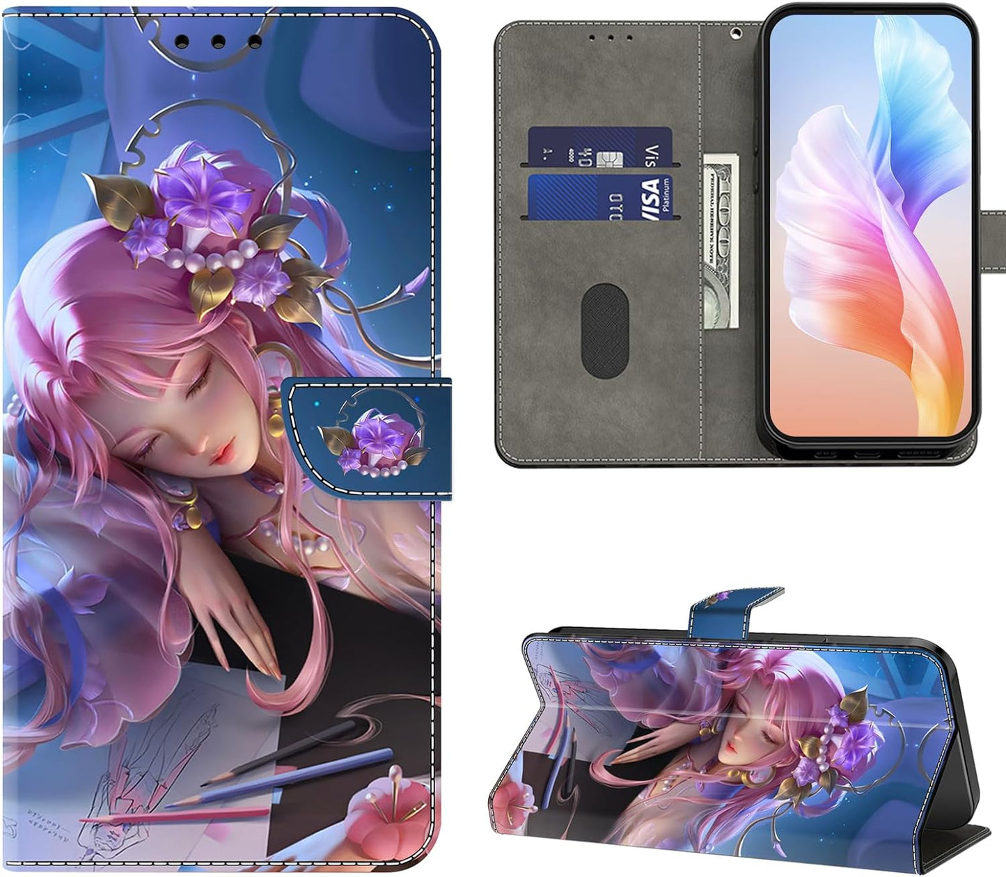 VODEFOX Case for LG G7 Thinq/Lg G7, PU Leather Wallet Case for LG G7 Thinq/Lg G7 6.1", Cute 3D Cartoon Design Card Slot Magnetic Closure Stand Protective Cover for Women - Golden Butterfly  VODEFOX Sleeping Beauty Lg G7 Thinq 