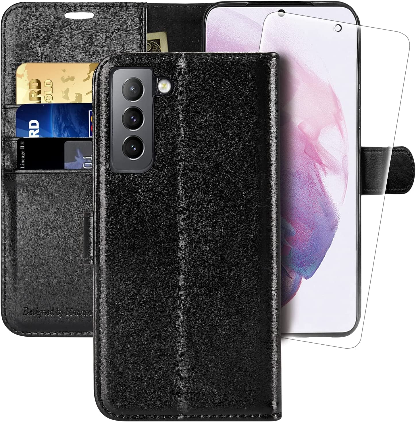 MONASAY Wallet Case for Galaxy S21+Plus 5G, 6.7 Inch [Screen Protector Included][Rfid Blocking] Flip Folio Leather Cell Phone Cover with Credit Card Holder, Lavenders  MONASAY Black  