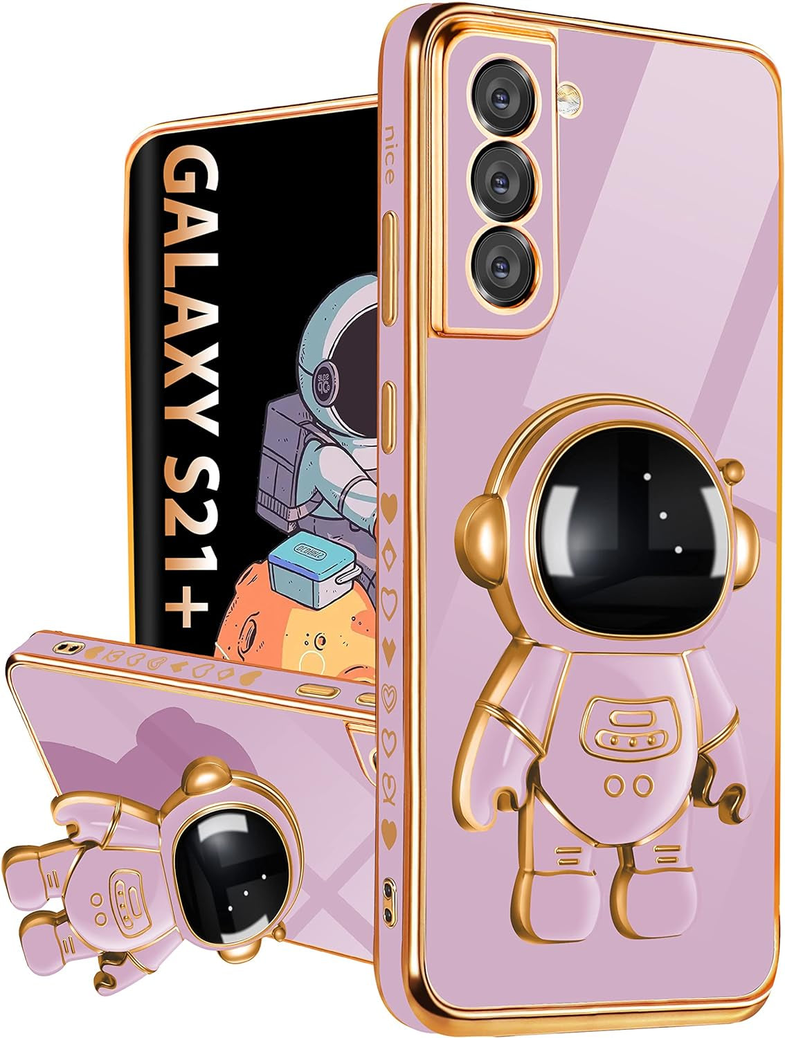 Buleens for Samsung Galaxy S21 plus Case with Astronaut Stand, Women Girls Galaxy S21 plus Cases, Girly Cute 6D Outer Space Heart Pattern Phone Cover for S21+ 6.7 Inch Purple  Buleens   