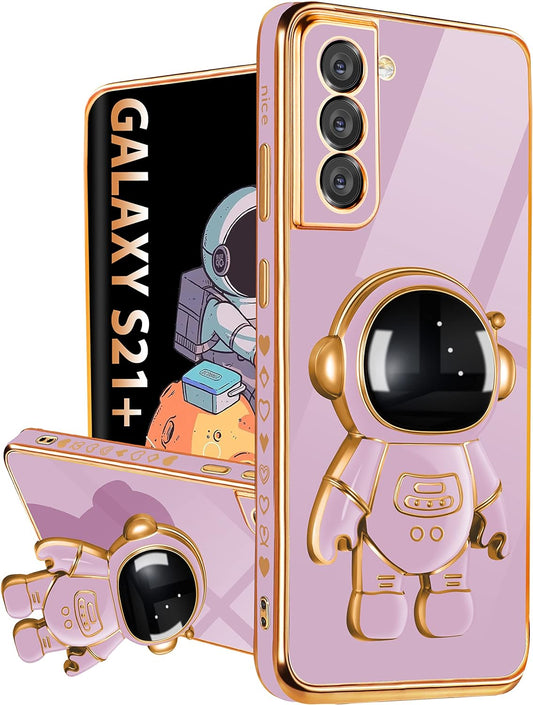 Buleens for Samsung Galaxy S21 plus Case with Astronaut Stand, Women Girls Galaxy S21 plus Cases, Girly Cute 6D Outer Space Heart Pattern Phone Cover for S21+ 6.7 Inch Purple  Buleens   