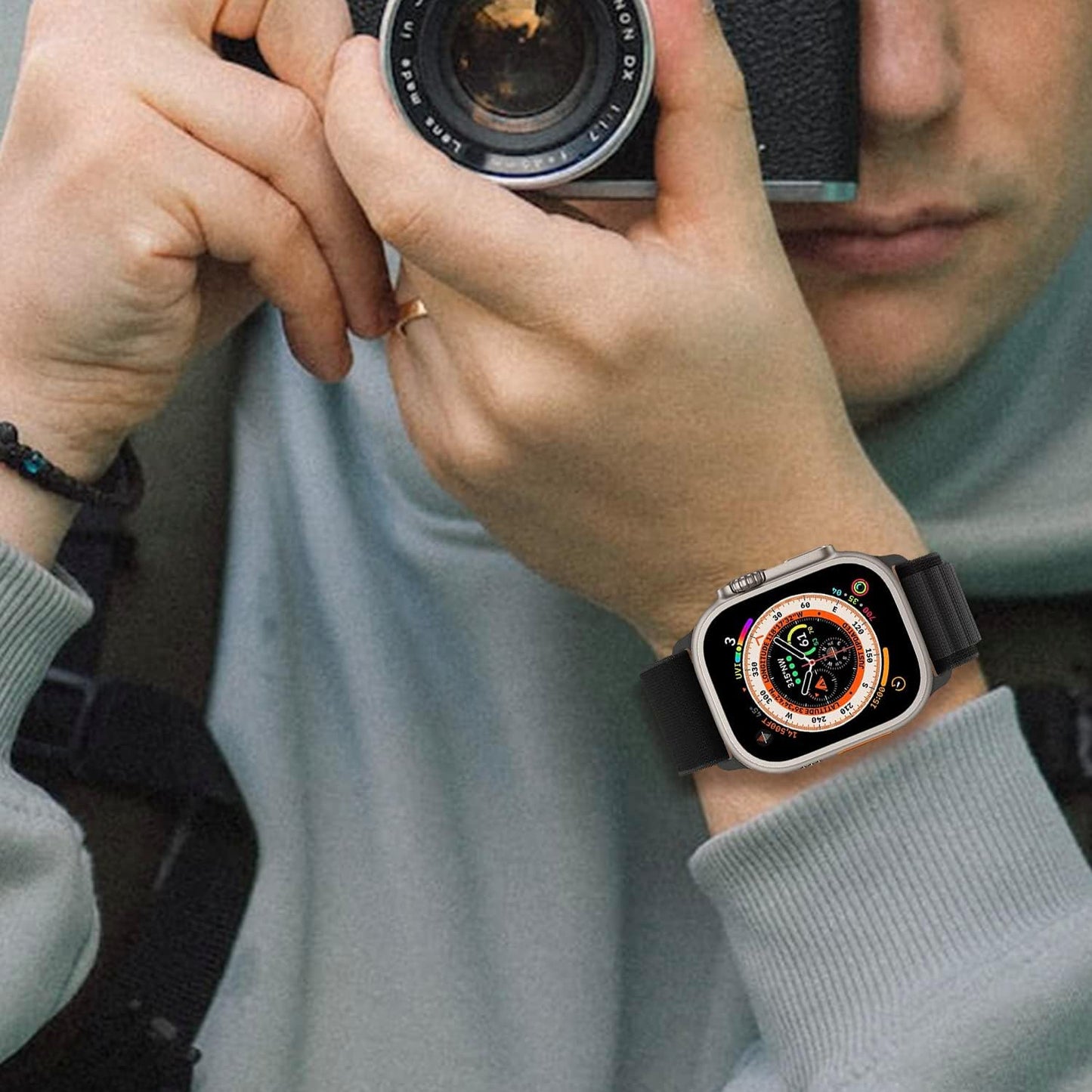 YIPION Textile Nylon Rugged Alpine Loop with Metal G‑Hook Compatible with Apple Watch Band 38Mm 40Mm 41Mm 42Mm 44Mm 45Mm 49Mm, Ultra/Se/ Series 8/7/6/5/4/3/2/1 (42MM/44MM/45MM/49MM, Black)  YIPION   