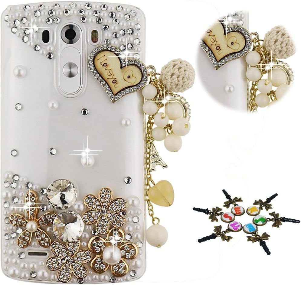 STENES LG G7 Case, LG G7 Thinq Case - STYLISH - 100+ Bling Crystal - 3D Handmade Bling Heart Pendant Butterfly Flowers Design Protective Cover Case for LG G7 Thinq - Colorful  STENES Heart Pendant Flowers / Gold  