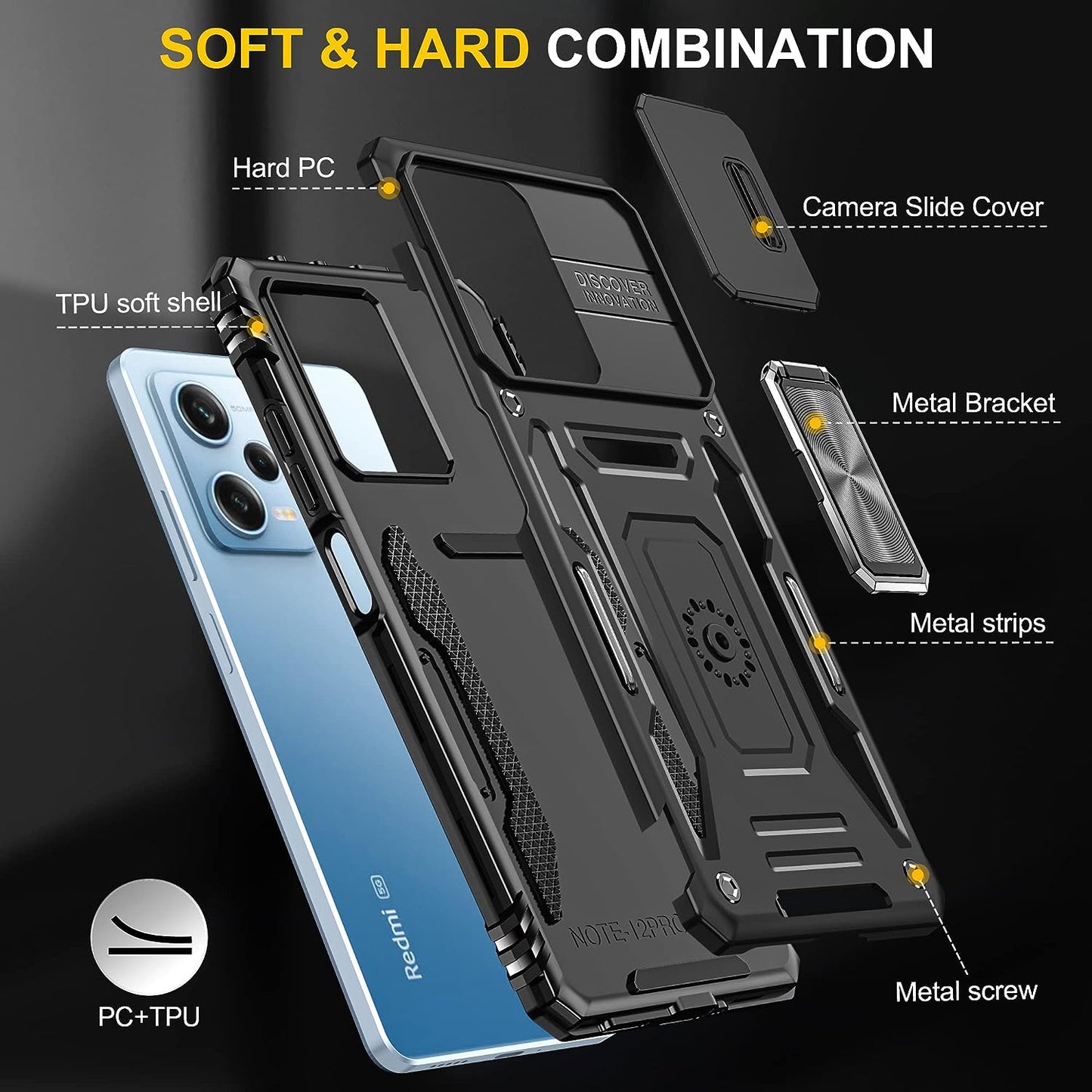 WVOZWWO for Xiaomi Redmi Note 12 Pro 5G/Poco X5 Pro 5G Case with Screen Protector, Protective Cover with Camera Protector Thin Kickstand Military Phone Case for Xiaomi Redmi Note 12 Pro 5G (Black)  Grand Eletronics   