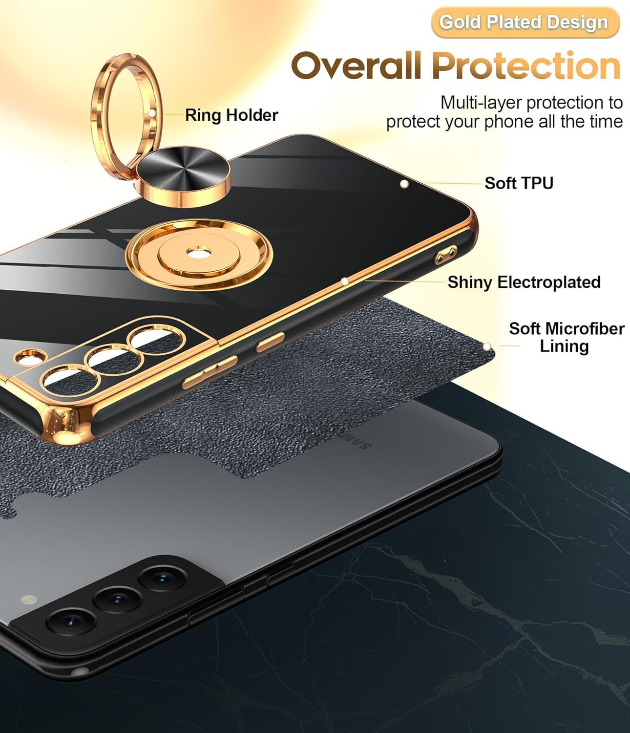 Leyi for Samsung Galaxy S22 plus Case 360° Rotatable Ring Holder Magnetic Kickstand, Plating Rose Gold Edge Protective Galaxy S22 Plus/ S22+ Case, Black  LeYi   