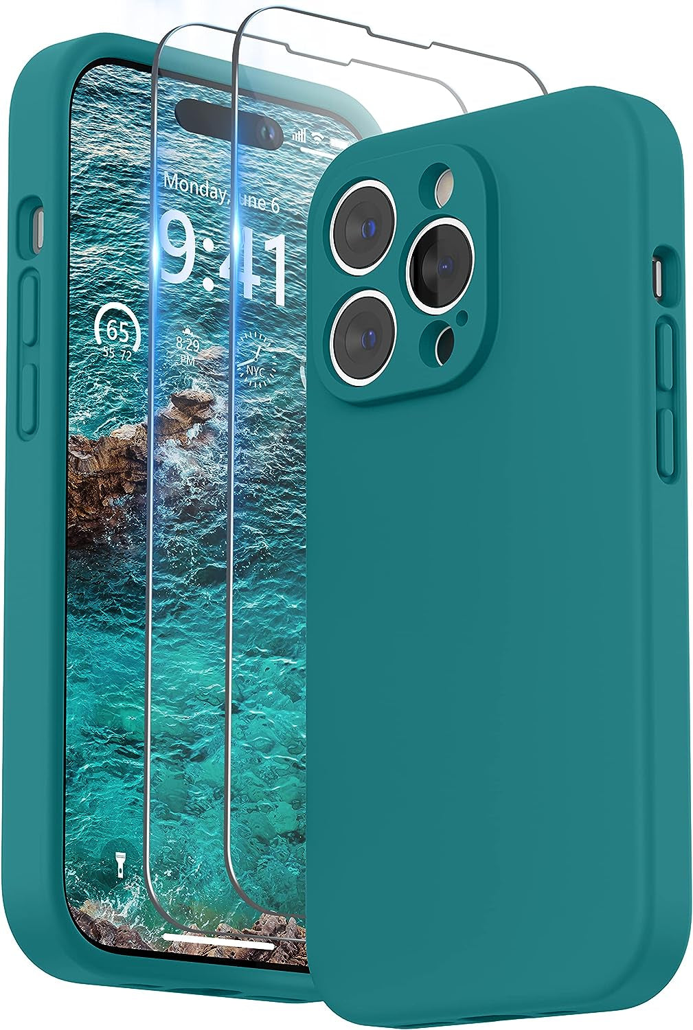 SURPHY Designed for Iphone 14 Pro Case with Screen Protector, (Camera Protection + Soft Microfiber Lining) Liquid Silicone Phone Case, Cactus Green  SURPHY Teal Blue  