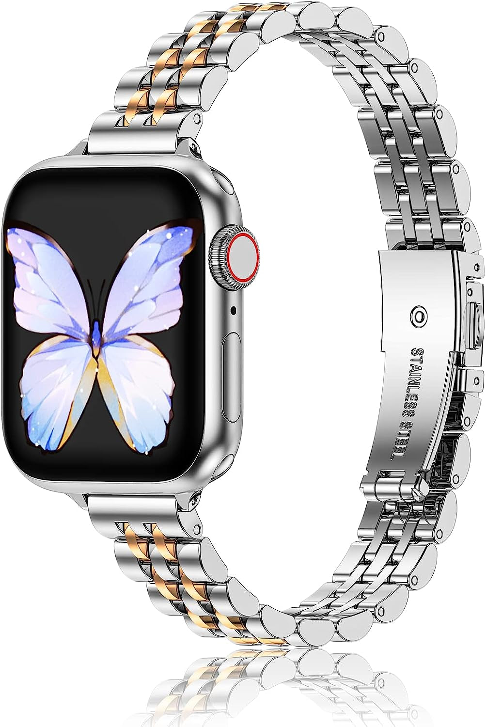 Miohhr Slim Metal Bands Compatible with Apple Watch Ultra Band (49Mm) Series 8/7(45Mm 41Mm),Series SE 6/5/4(40Mm 44Mm),Series 3/2 /1(38Mm 42Mm), Thin Stainless Steel Chain Strap for Women Iwatch Band  MioHHR Silver/Rose Gold 41mm 40mm 38mm 