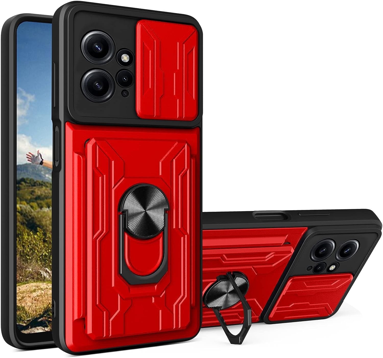 Ysnzaq Military Heavy Duty Shockproof Case for Xiaomi Redmi Note 12 4G (Not 5G), Sliding Window Lens Protective Phone Cover with Card Slot for Xiaomi Redmi Note 12 4G LJ Green  Ysnzaq Red  