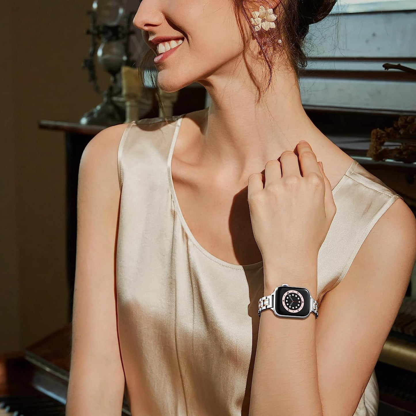 STIROLL Thin Replacement Band Compatible for Apple Watch 38Mm 40Mm 41Mm 42Mm 44Mm 45Mm 49Mm, Stainless Steel Metal Wristband Women Men for Iwatch Ultra SE Series 8/7/6/5/4/3/2/1(Silver+Rose Gold)  STIROLL   