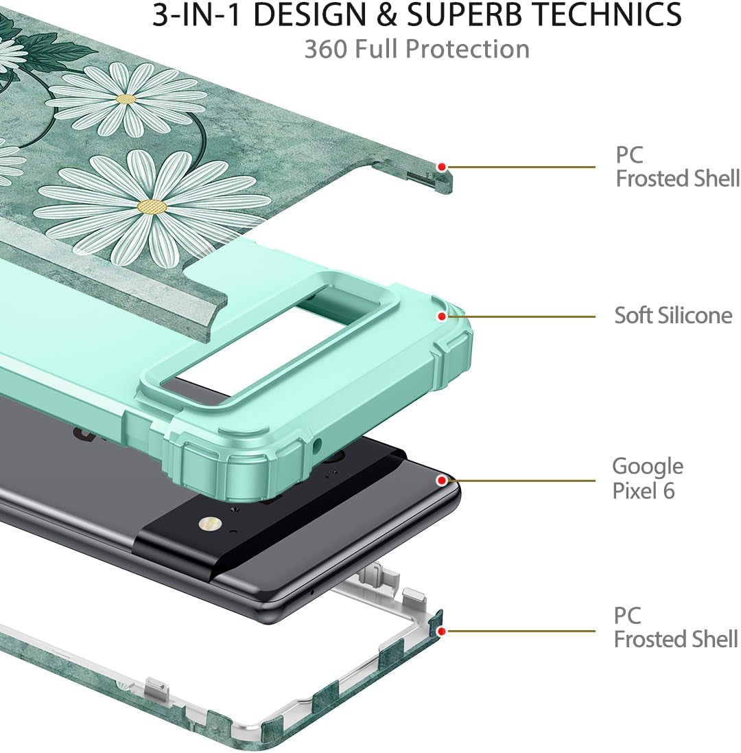 Hekodonk for Google Pixel 6 Pro Case,Heavy Duty Shockproof Protection Hard Plastic+Silicone Rubber Hybrid 3 in 1 Drop Protective Case for Google Pixel 6 Pro White Flower  Hekodonk   