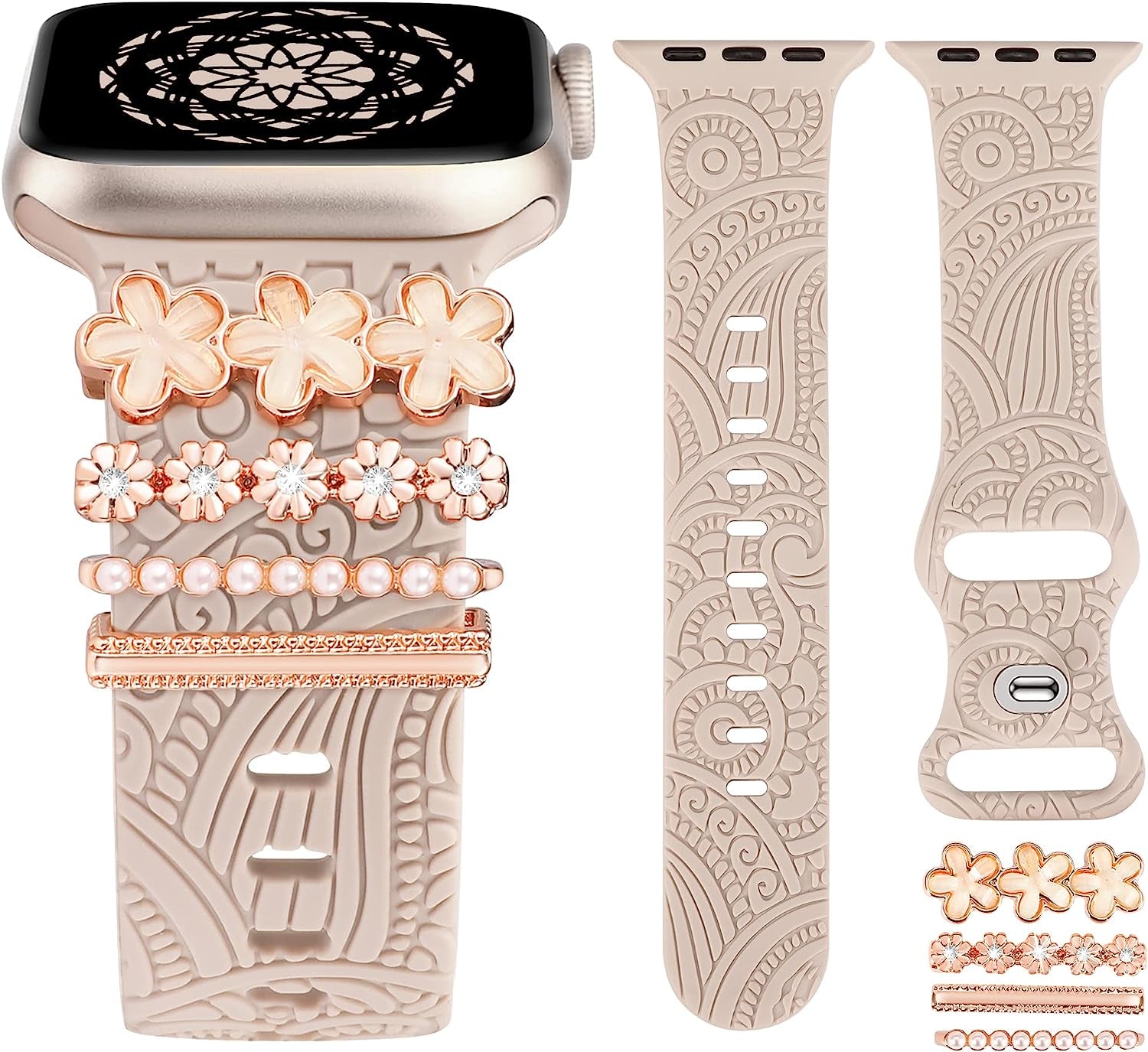 (Include Band) Decorative Ring Loops Compatible with Apple Watch Band Charms 41/40/38/42/44/45/49Mm Women, Boho Engraved Fancy Accessories Silicone Strap for Iwatch Series 8 SE Ultra 7 6 5 4 3 2 1  TOYOUTHS Resin Floral 42/44/45/49mm 