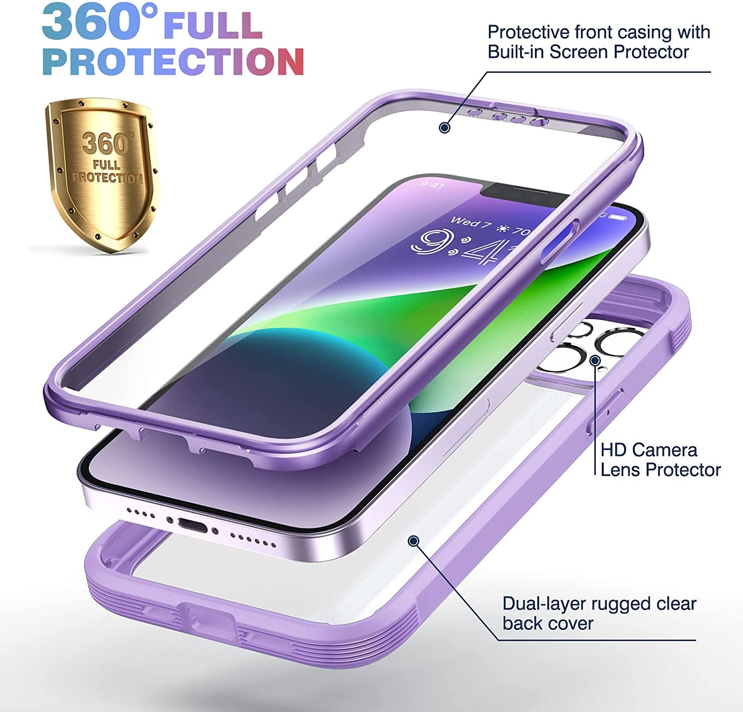 Diaclara Designed for Iphone 14 Case, Full Body Rugged Case with Built-In Touch Sensitive Anti-Scratch Screen Protector, with Camera Lens Protector for Iphone 14 6.1" (Peri Purple)  Diaclara   