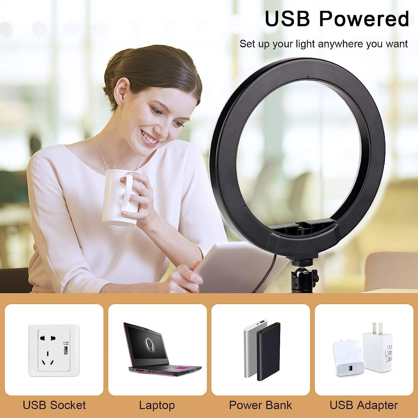 HPUSN 10" Desktop Selfie Ring Light with Tripod Stand & Phone Holder, Dimmable Desk LED Makeup Ring Light for Photography, Shooting with 3 Light Modes,Compatible with Iphone & Android  HPUSN   