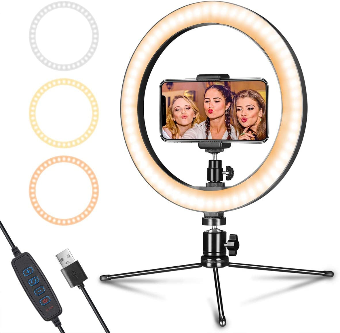 LED Ring Light 10" with Tripod Stand & Phone Holder for Live Streaming & Youtube Video, Dimmable Desk Makeup Ring Light for Photography, Shooting with 3 Light Modes & 10 Brightness Level  AIXPI   