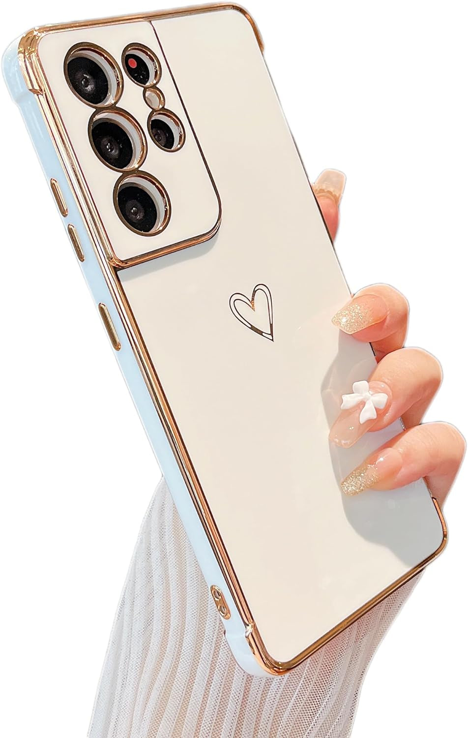 ZTOFERA Designed for Samsung Galaxy S21 Ultra 5G Case,Cute Plating Edge Love Hearts Pattern with Camera Lens Protection Phone Cover for Girls Women,Blue  ZTOFERA White  