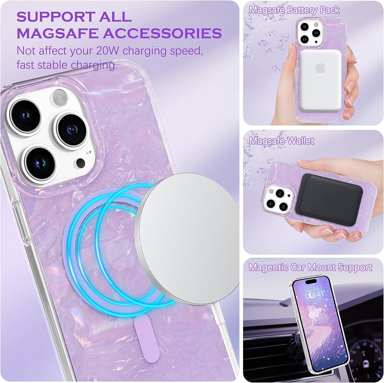 YINLAI Case for Iphone 14 Pro Max,[Compatible with Magsafe],Pearl Glitter Magnetic Slim Bling Sparkly Mother-Of-Pearl Seashell Women Girls Girly Soft Shockproof Protective Phone Cover 6.7 Inch,Purple  YINLAI   