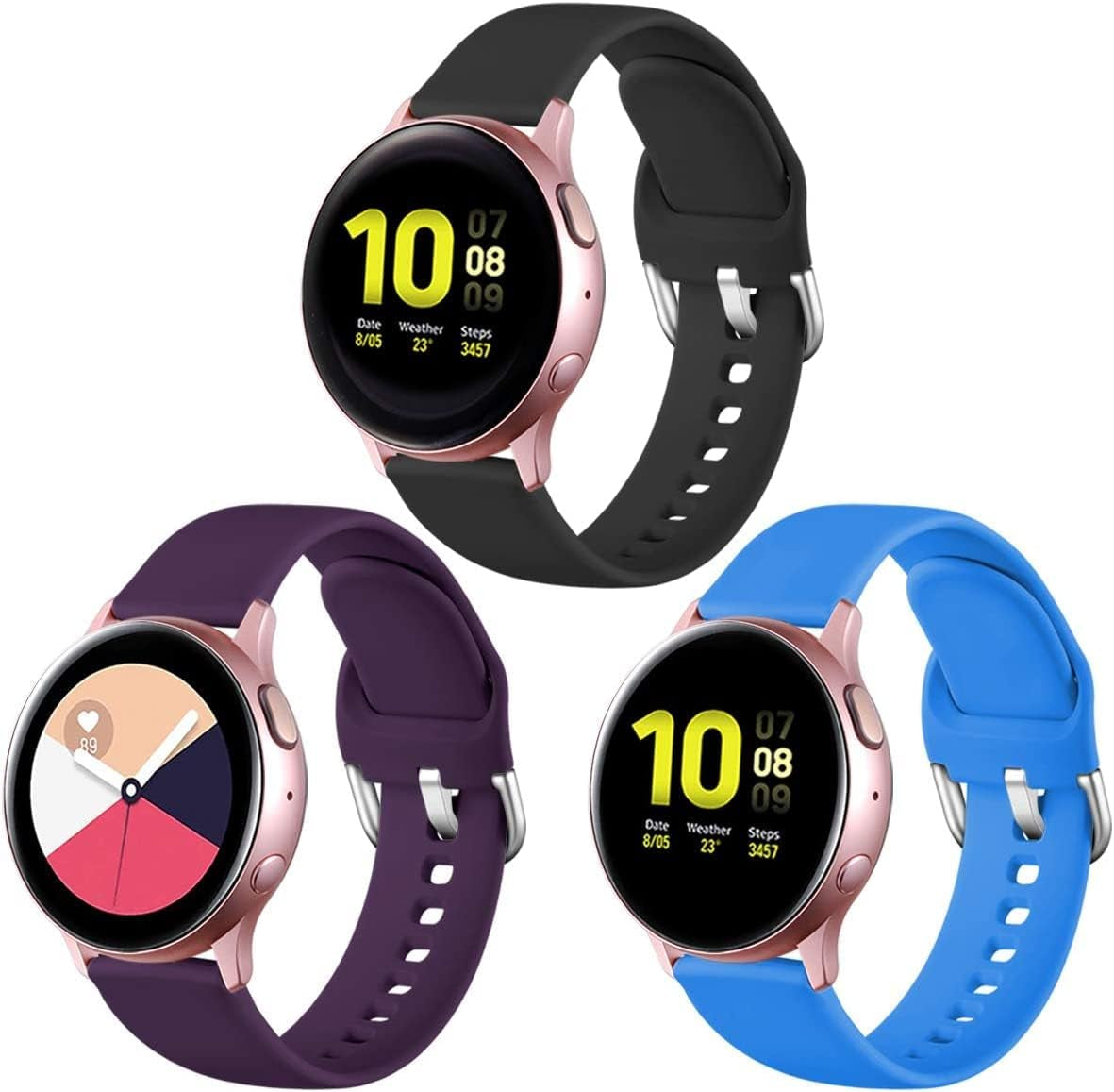 Lerobo Bands Compatible with Samsung Galaxy Watch Active/Active 2 44Mm 40Mm/Galaxy Watch 3 41Mm/Galaxy Watch 42Mm, 20Mm Soft Silicone Sport Strap Replacement Bands,3 Pack,Large,Black Navy Blue Gray  Lerobo Black/Royal Blue/Purple Large 
