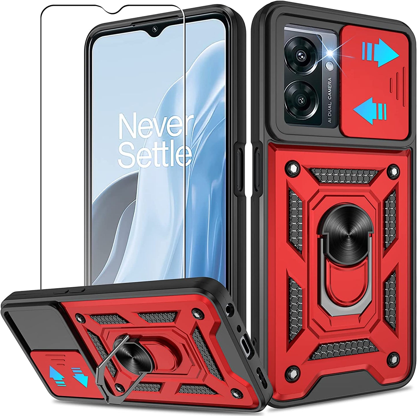 ATUMP for Oneplus Nord N300 5G Case with HD Screen Protector, Heavy Duty Shockproof with 360° Rotation Metal Kickstand [Military Grade] Protective Case for Oneplus Nord N300 5G, Black  Atump A Red  