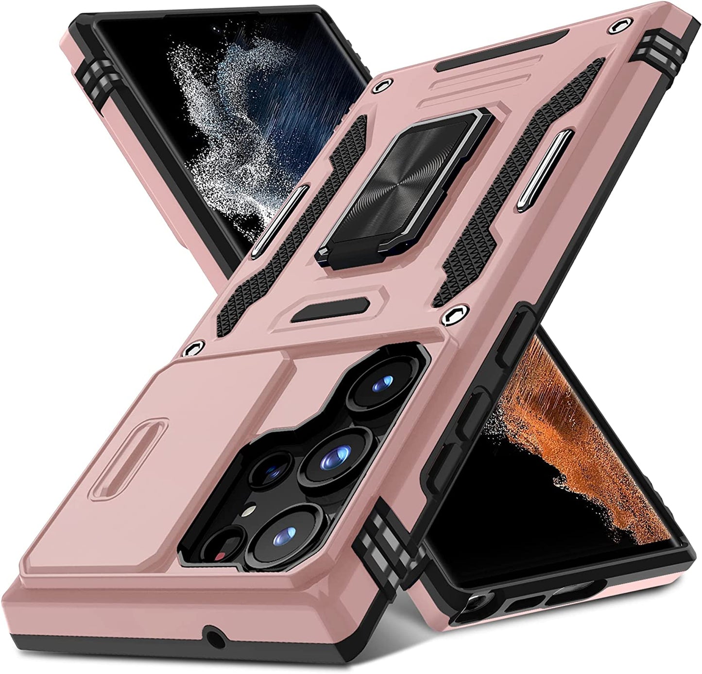 DEERLAMN for Samsung Galaxy S22 Ultra Case with Slide Camera Cover,Built-In Rotated Ring Kickstand [Full Camera Protection] [Military Grade] Heavy Duty Shockproof Protective Case Cover-Black  DEERLAMN Rose Gold Samsung Galaxy S22 Ultra-6.8 Inch 