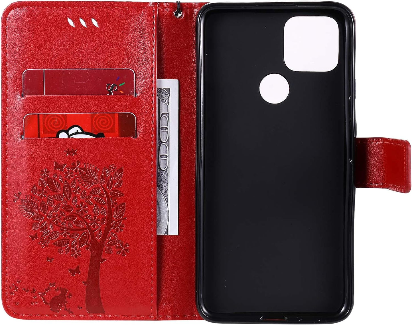 LEMAXELERS Google Pixel 4A 5G Case Embossed Wishing Tree Wallet Shockproof Case Flip Premium PU Leather Magnetic Card Slots with Stand Cover for Google Pixel 4A 5G / Pixel 5 XL Wishing Tree Red KT  LEMAXELERS   