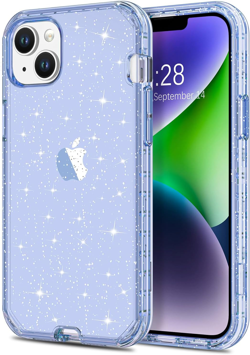 Hython for Iphone 14 plus Case, Heavy Duty Full-Body Defender Protective Phone Cases Glitter Bling Sparkle Hard Shell Hybrid Shockproof/Drop Proof 3-Layer Military Rubber Bumper Cover for Women Girls  Hython Blue Glitter  