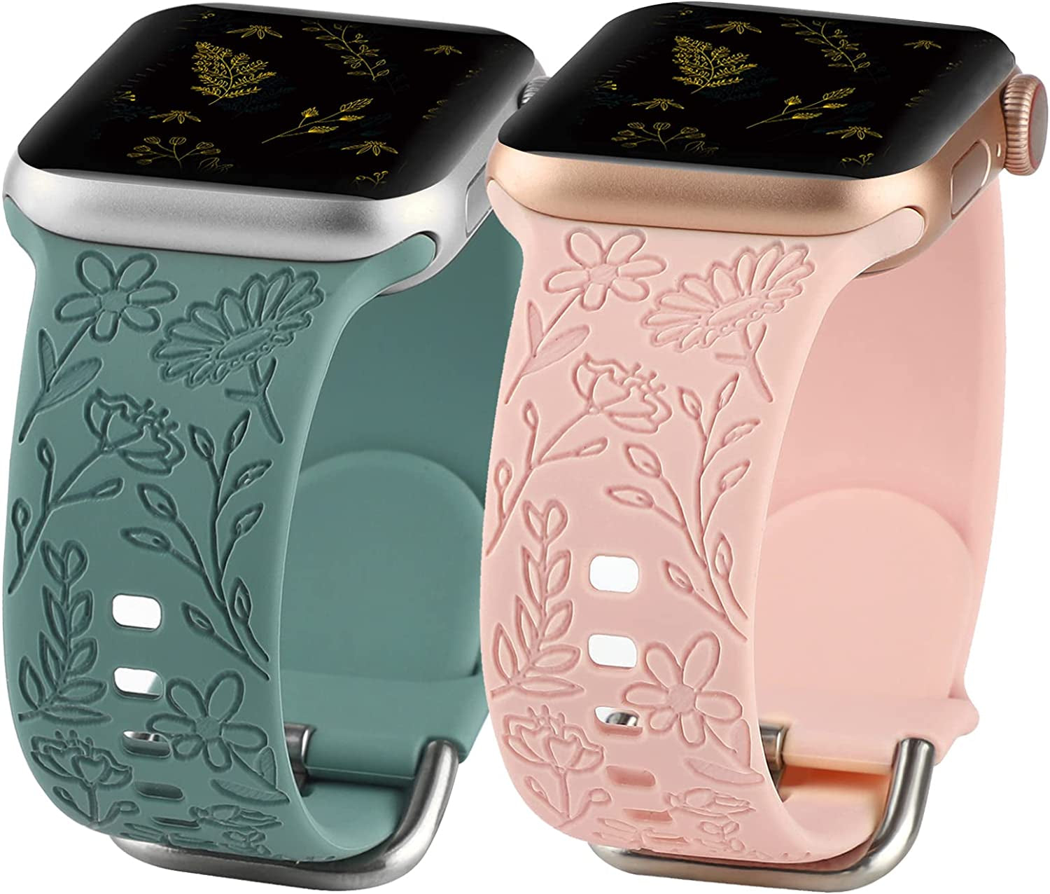 2 Pack Flower Engraved Sport Strap Compatible with Apple Watch Bands 38Mm 40Mm 41Mm, Women Floral Laser Soft Silicone Wristband Replacement Iwatch Series 8 7 6 5 4 3 2 1 SE  TERKOWQI Green Pink 38/40/41mm 