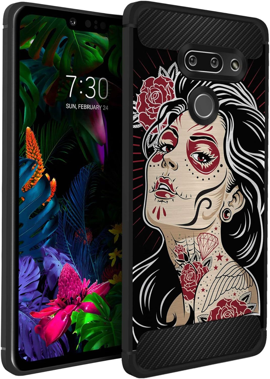 Casesondeck Case Compatible with [LG G8 Thinq/Lg G8] Pictorial Patterned TPU Design Case Flexible Slim and Elegant (Black Retro Control)  CasesonDeck Skull Woman  