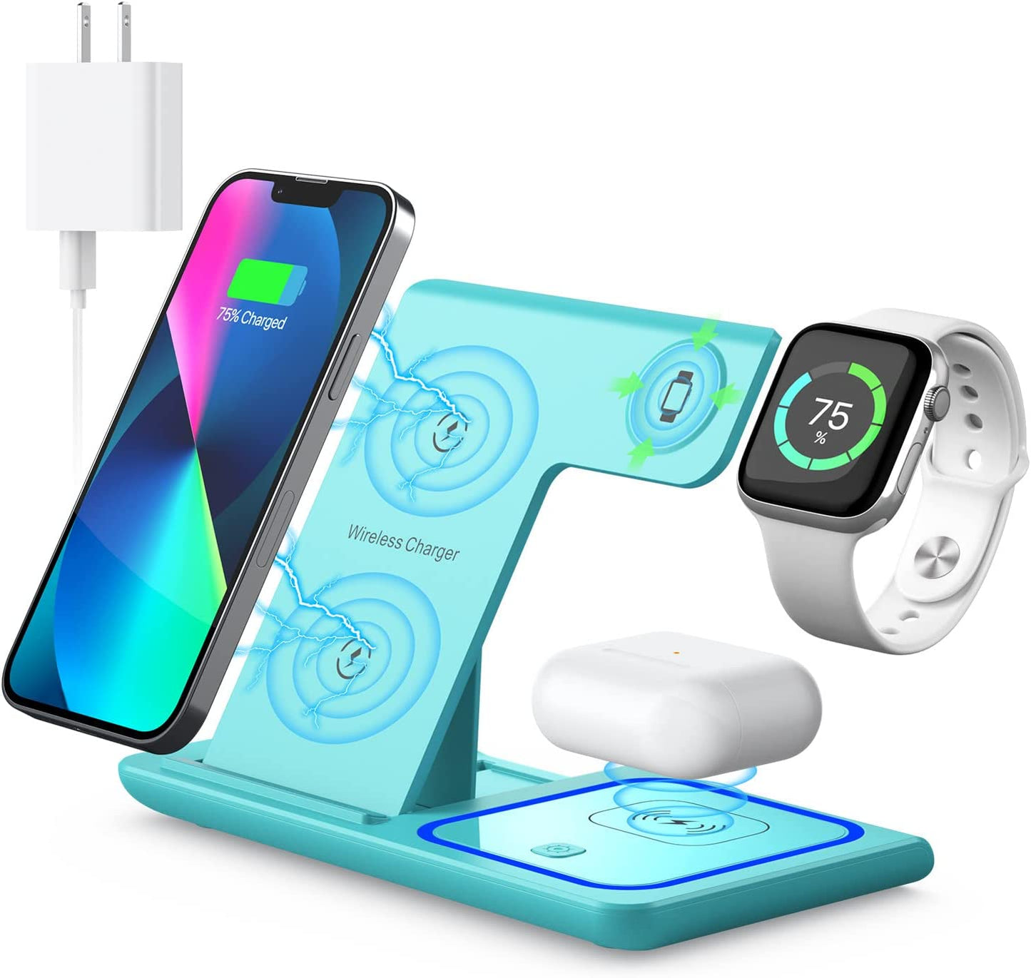 Wireless Charging Station, Wireless Charging Station for Multiple Devices for Iphone 15 14 13 12 11 Pro XR XS 8 Plus, for Apple Watch Ultra SE 8 7 6 5 4 3 2, Airpods Pro 3 2 (Dark Blue)  YOXINTA Green  
