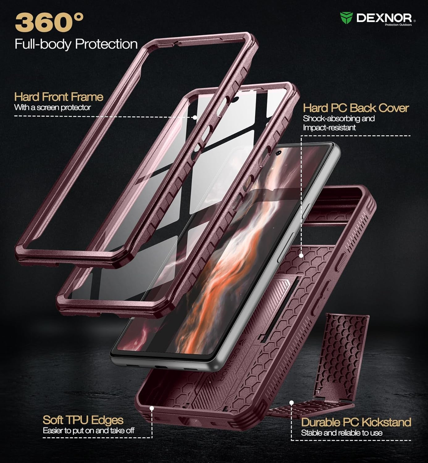 Dexnor Full Body Case for Google Pixel 7A, Built-In Screen Protector and Kickstand, [Extra Front Frame] Heavy Duty Military Grade Protection Shockproof Rugged Cover Case for Pixel 7A 5G, Red  Dexnor   