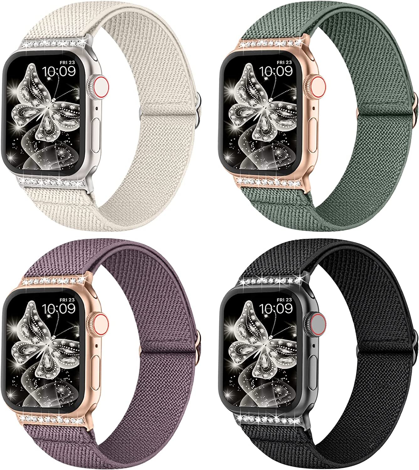 Stretchy Nylon Solo Loop Compatible with Apple Watch Band 38Mm 40Mm 41Mm 42Mm 44Mm 45Mm 49Mm Series 8/7/6/5/4/3/2/1/Se/Ultra  CCnutri Black/Smoke Violet/Cactus/Starlight with Diamond 38mm/40mm/41mm 