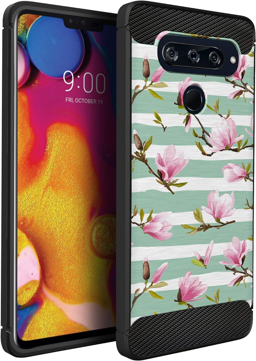Casesondeck Case Compatible with [LG V40 Thinq] Tribal Floral Matte TPU Flexible Carbon Fiber Textured (Dreamcatcher)  CasesonDeck Stripe Flowers  