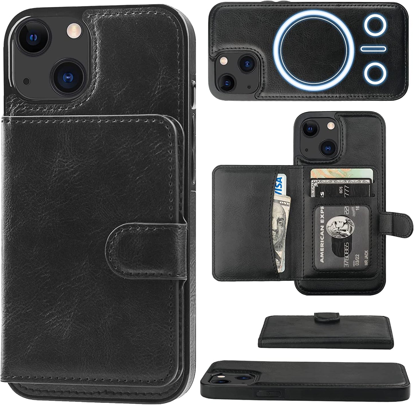 Bocasal Wallet Case for Iphone 13 Compatible with Magsafe Magnetic RFID Blocking Detachable Premium PU Leather Flip Case with Card Slots Holder Kickstand Wireless Charging 6.1 Inch (Brown)  Bocasal Black  