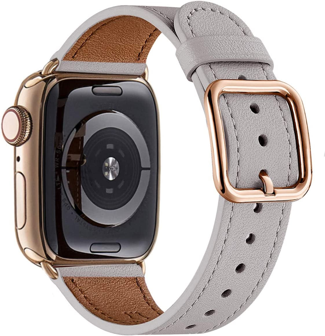 MNBVCXZ Compatible with Apple Watch Band 38Mm 40Mm 41Mm 42Mm 44Mm 45Mm 49Mm Women Men Girls Boys Genuine Leather Replacement Strap for Iwatch Series 8 7 6 5 4 3 2 1 Iwatch Ultra SE (Pink Sand/Rose Gold)  MNBVCXZ-US Light gray/Gold 38mm 40mm 41mm 