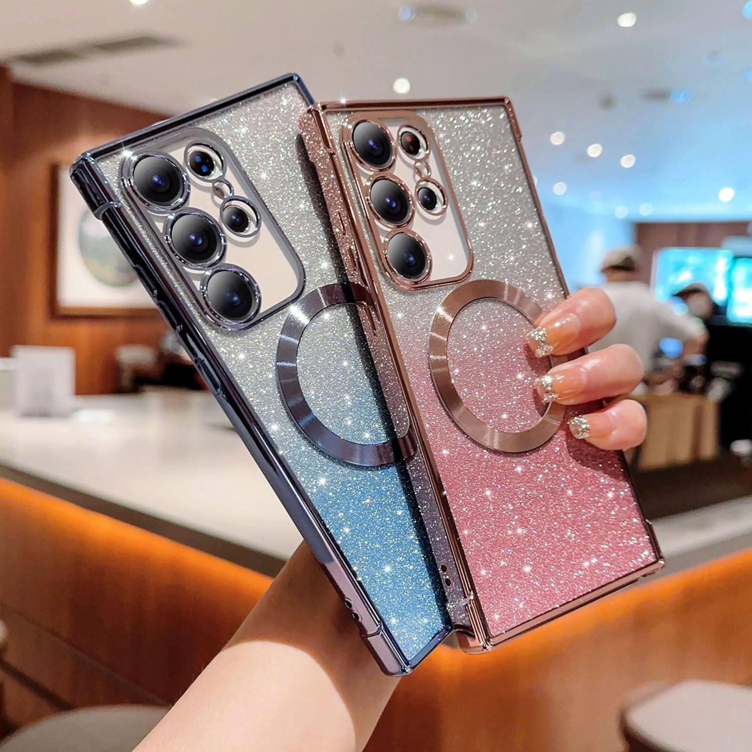 Aowner for Samsung Galaxy S21 Ultra Magnetic Case Compatible with Magsafe, Full Protection Square Glitter Clear Phone Case for Women Girls Cute Soft Shockproof Bumper Protective Cover Case 6.8"-Gold  aowner   