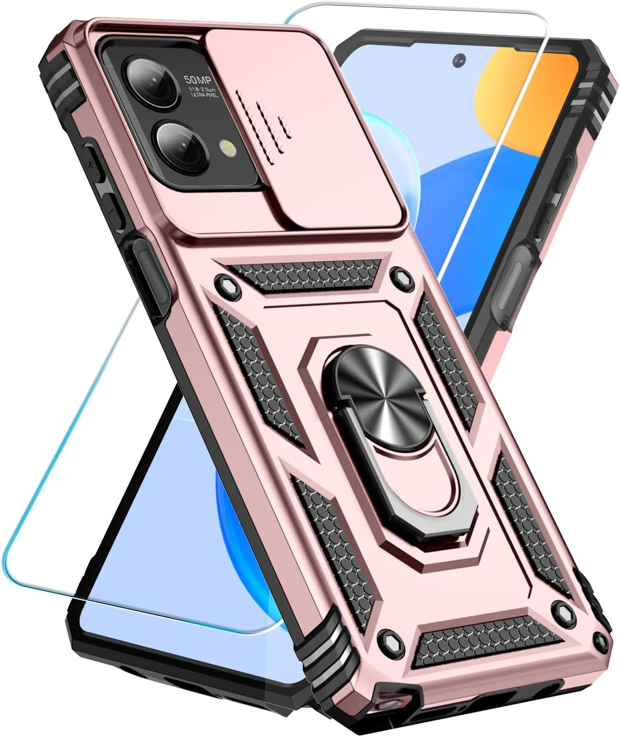 Sunstory for Motorola Moto G Stylus 5G 2023 Case with Tempered Glass Screen Protector & Slide Camera Cover & Kickstand, [Military-Grade] Phone Case for Moto G Stylus 5G 2023 (Blue)  SunStory Rose Gold  