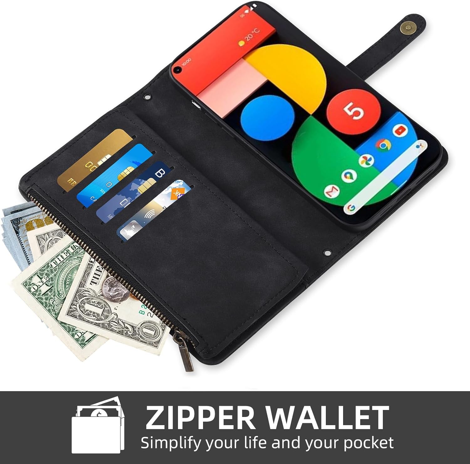 Asuwish Phone Case for Google Pixel 4A 5G 6.2 Wallet Cover with Screen Protector and Crossbody Wrist Strap Leather Flip Pattern Zipper Credit Card Holder Pixel4A5G UW Pixel4A 5G Pixle A4 G5 4A5G Black  Asuwish   