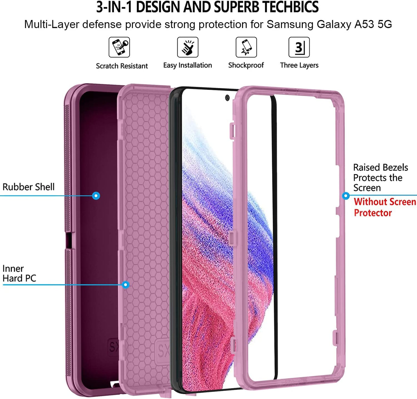 ONOLA Galaxy A53 5G Case: Winered Pink, Tempered Glass + HD Screen Protector (2 Pack)  ONOLA   