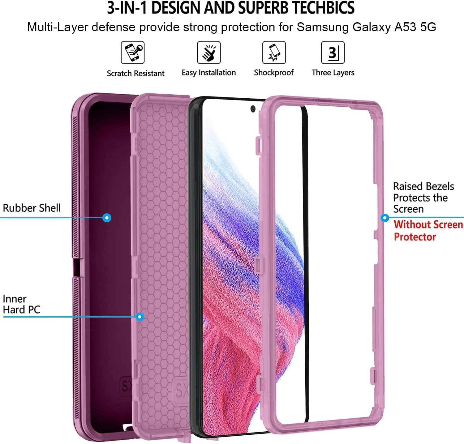 ONOLA Galaxy A53 5G Case: Winered Pink, Tempered Glass + HD Screen Protector (2 Pack)  ONOLA   