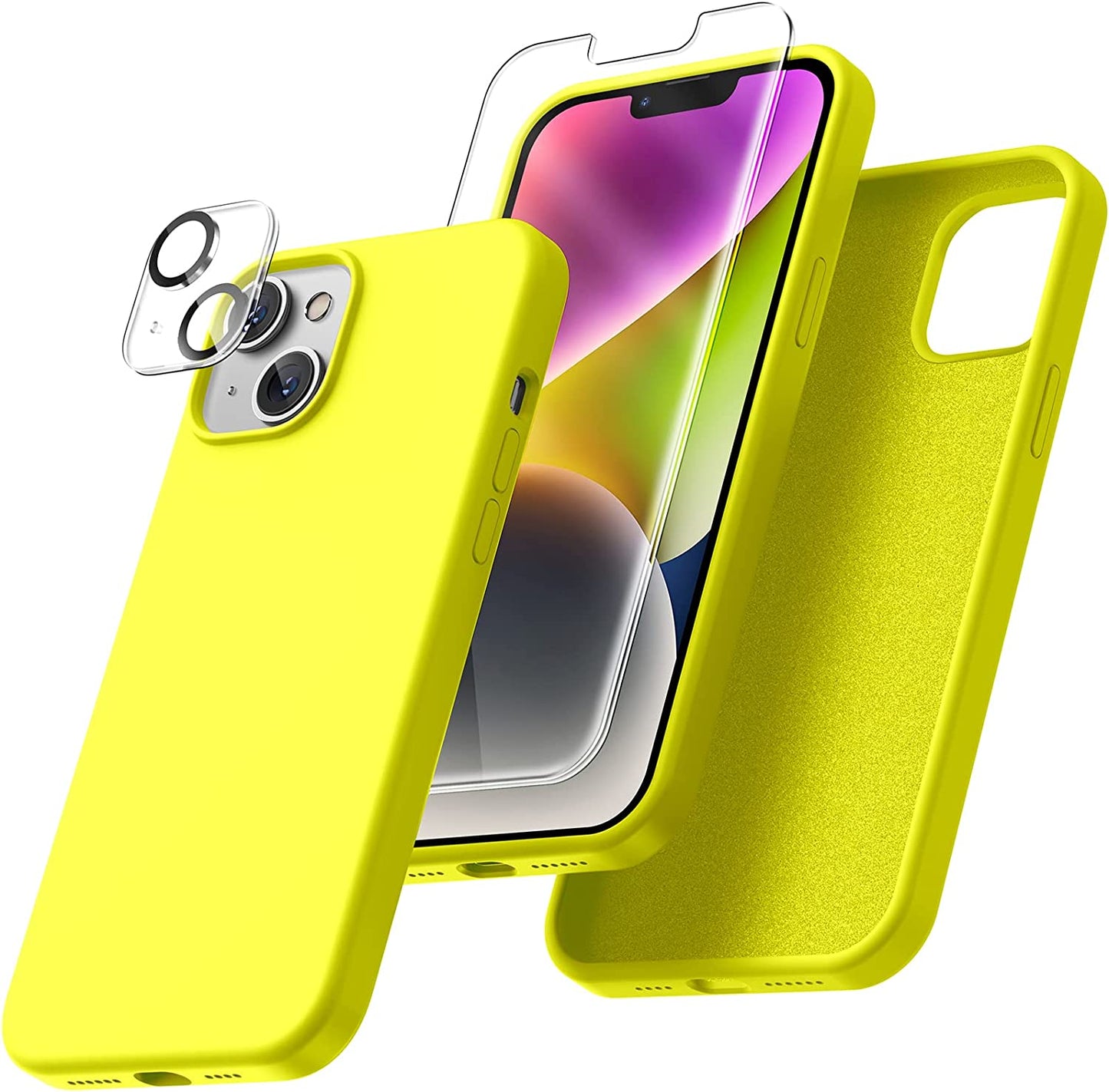 Uyiton [5 In1] Liquid Silicone Iphone 12 PRO Max Case, [Drop Protection] [Full Covered] Shockproof Slim Thin Cover with Microfiber Lining, with 2Xscreen Protector +2Xcamera Lens Protector-Green  Uyiton Fluorescent Yellow Iphone 14 Plus 