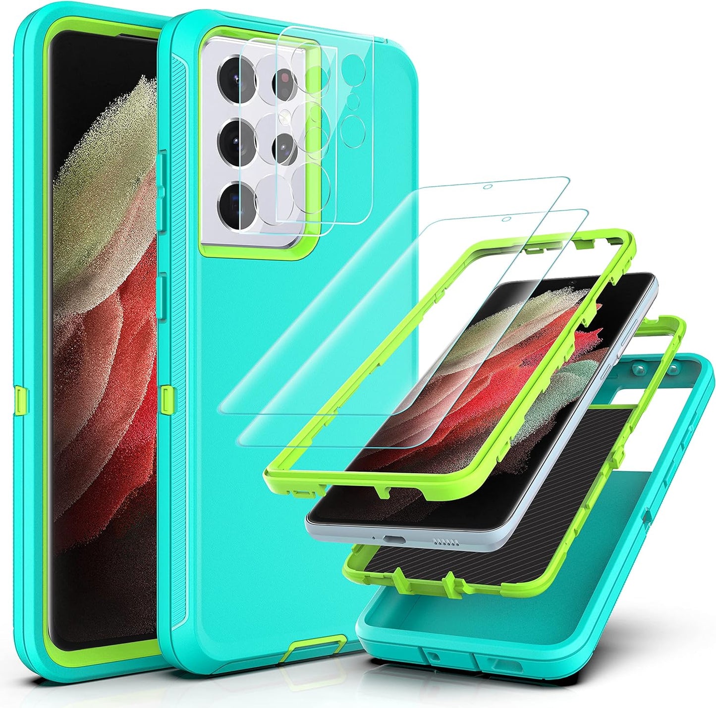 Ymhxcy Galaxy S21 Ultra Case with Self Healing Flexible TPU Film[2 Pack] and Camera Lens Screen Protective Film[2 Pack], Heavy Protection Cover for Samsung Galaxy S21 Ultra-Wine Red and Rose Pink  YmhxcY Aqua Blue And Lime Green  