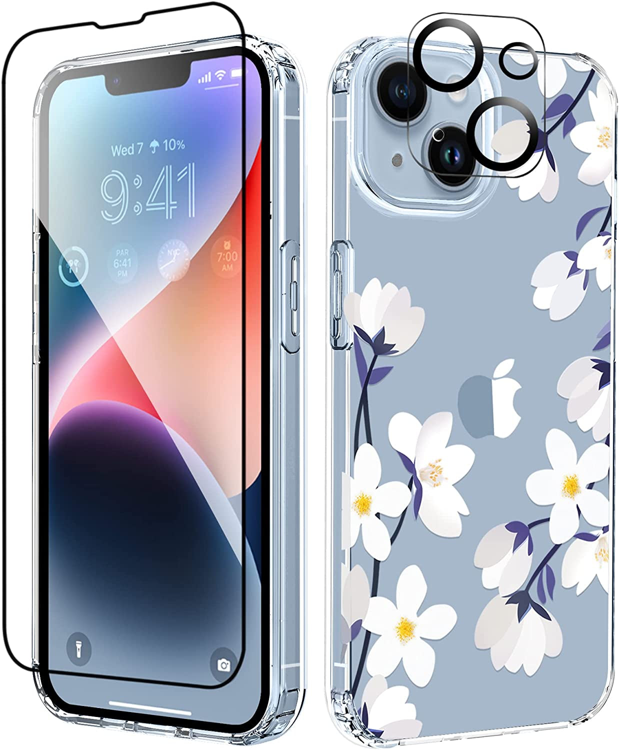 MIODIK Compatible with Iphone 14 Case with Screen Protector + Camera Lens Protector, Non Yellowing Clear Glitter Protective Phone Case, Women Girls Cover for Iphone 14 6.1 Inch 2022 - Sparkle Blue  MIODIK Alyssum/White  
