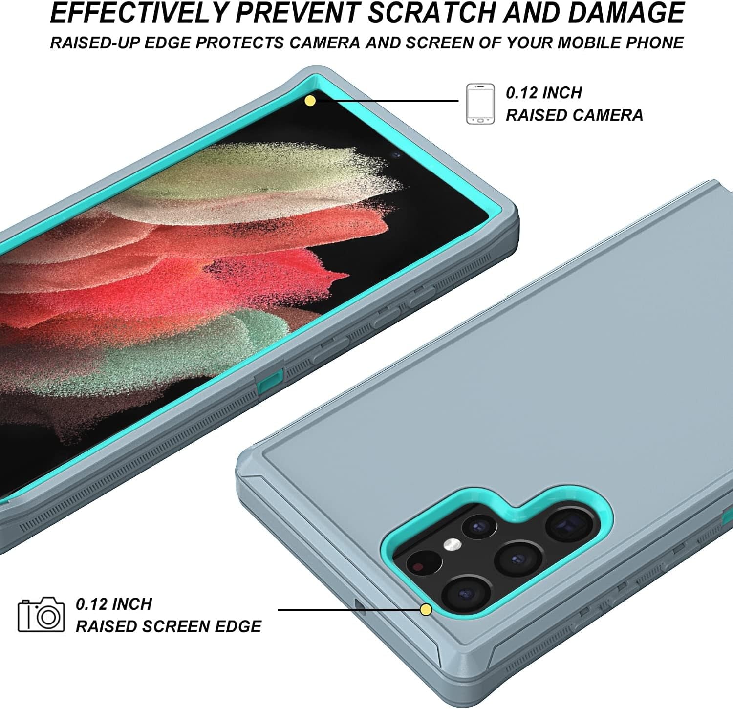 Qinmay Samsung S22 Ultra 5G Case - 3-Layer Heavy Duty Shock Protection, Dust Proof, 6.8 Inch, Grey Skyblue  Qinmay   