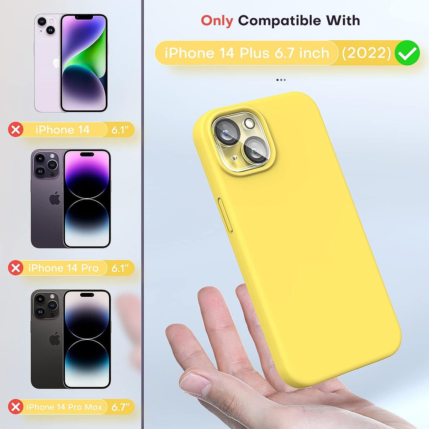 TOCOL 5 in 1 for Iphone 14 plus Case, 2X Screen Protector + 2X Camera Lens Protector, Slim Liquid Silicone Phone Case for Iphone 14 plus 6.7 Inch, [Anti-Scratch] [Drop Protection], Canary Yellow  TOCOL   