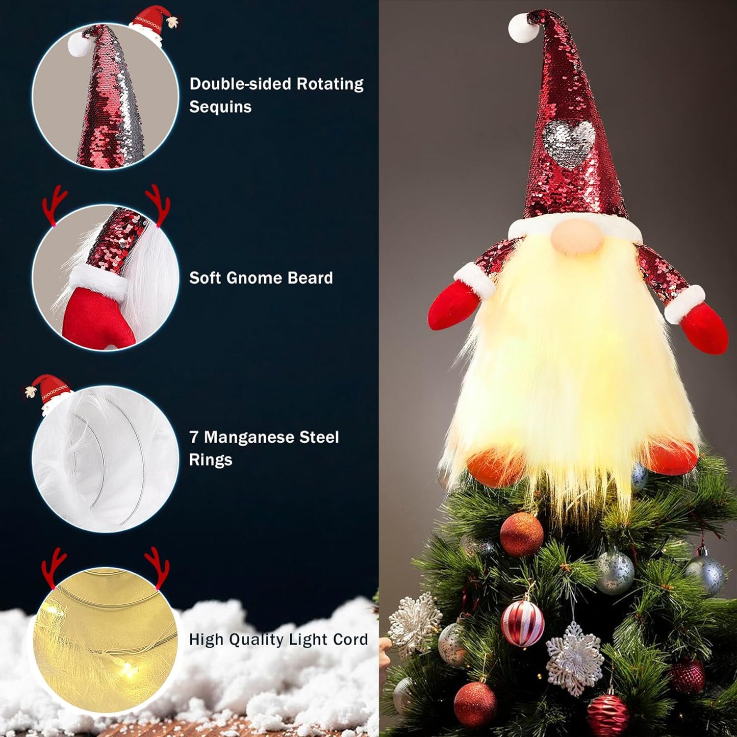 Fortuning'S JDS Gnome Christmas Tree Topper with Light, 21" Gnome Decorations with DIY Reversible Sequin Hat as Christmas Tree Ornaments Holiday Home Decor  Fortuning's JDS   