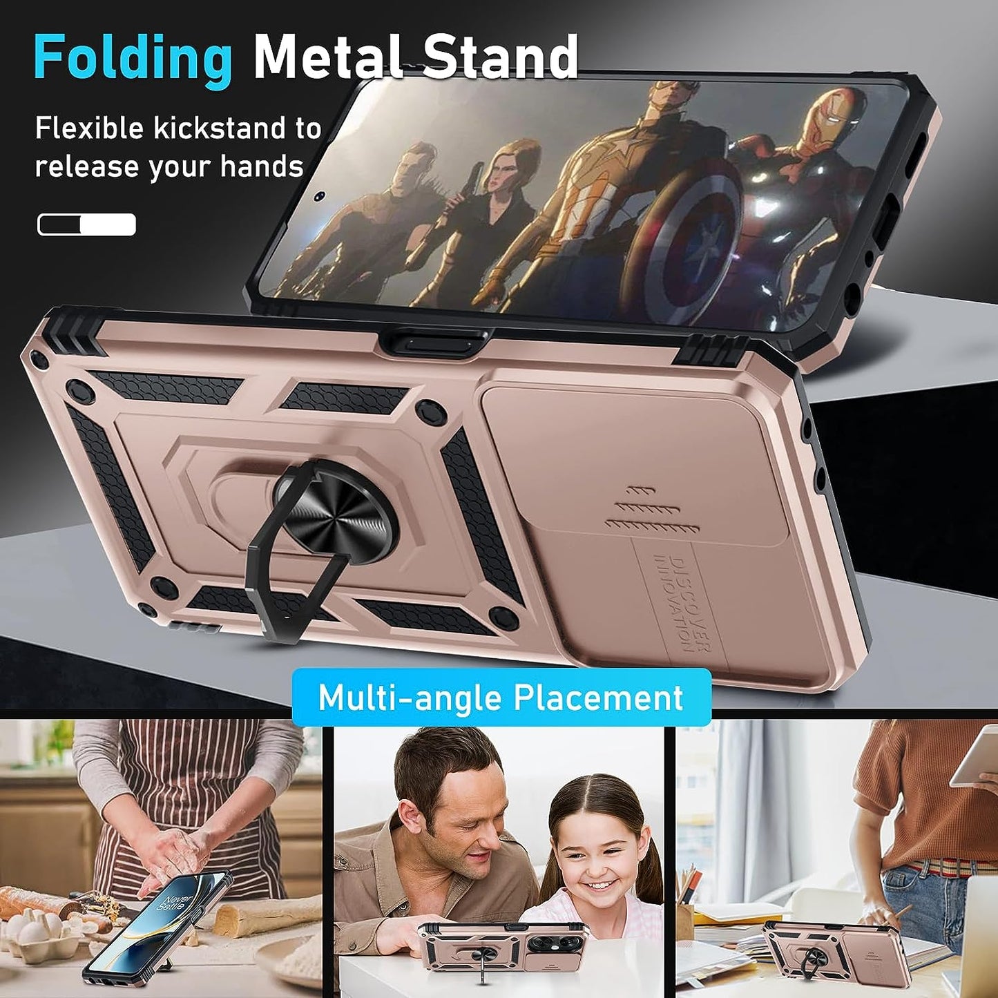 Janmitta Oneplus Nord N30 5G Case Built in Slide Camera Lens Cover+Screen Protector+Finger Ring Holder Kickstand,Heavy Duty Shockproof Full Body Protective Phone Cover,2023 Rose Gold  Janmitta   