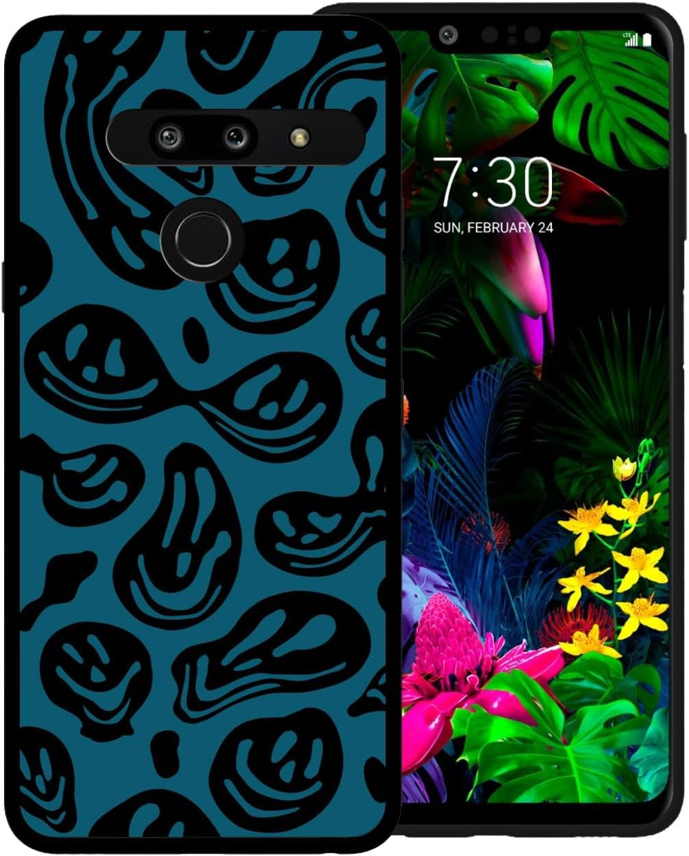 Zaztify Phone Case for LG G8 Thinq, Pastel Pink White Funny Trippy Dripping Smile Melted Hippie Smiling Skull Ghost Face Shockproof Protective Cover Shell  zaztify Navy Blue Black Trippy Face  