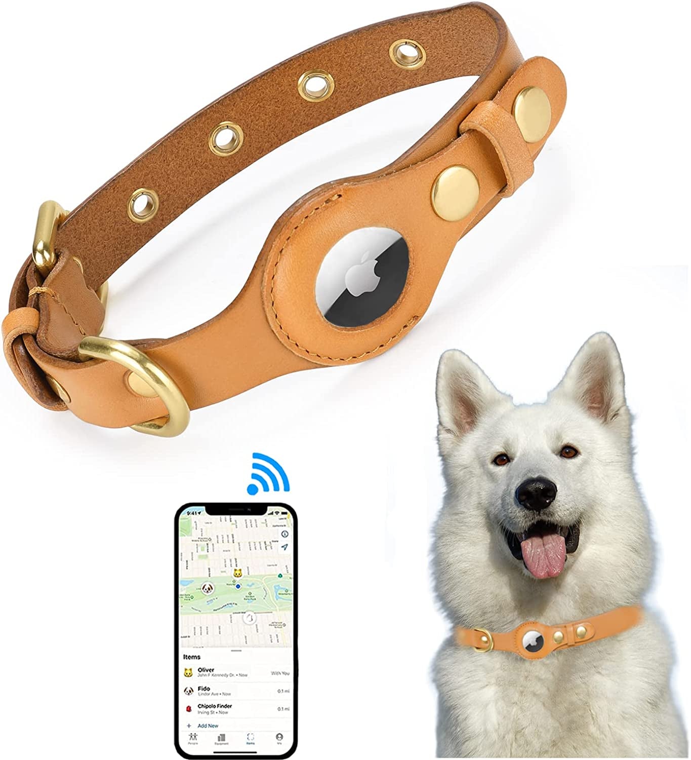 JIPIMON Leather Airtag Dog Collar, Prevents Loss Adjustable Comfortable Genuine Leather Apple Airtag Dog Collar (Small, Black)  JIPIMON Brown Medium 