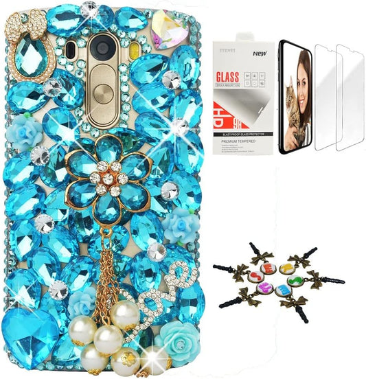 STENES Bling Case Compatible with LG V40 Thinq - Stylish - 3D Handmade [Sparkle Series] Flowers Pearl Pendant Design Cover with Screen Protector [2 Pack] - Blue  STENES   