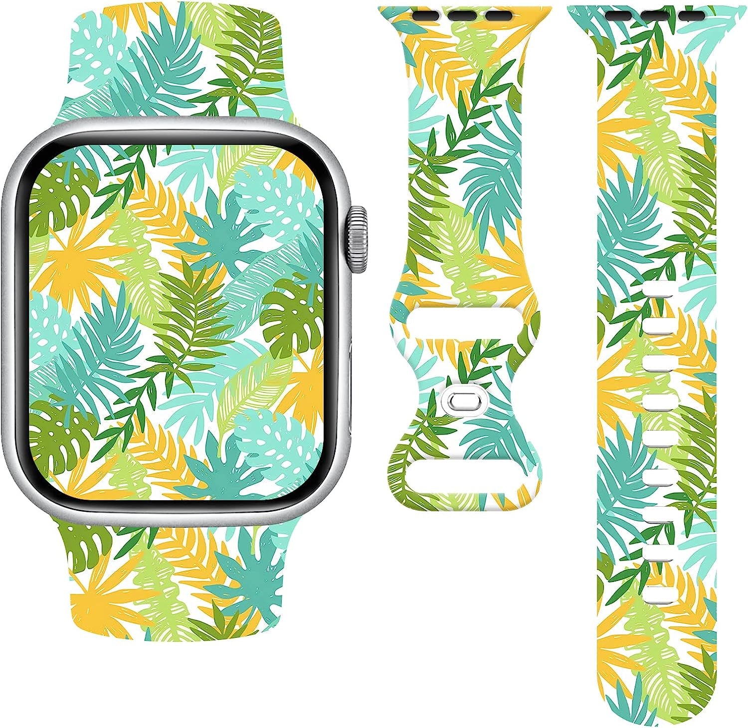 Summer Tropical Floral Watch Band Compatible with Apple Watch 38Mm 40Mm 41Mm 42Mm 44Mm 45Mm, Palm Tree Pattern Silicone Replacement Bands Wristbands Strap Compatible with All Iwatch Series  WANSENCE Tropical-2 38mm/40mm/41mm 