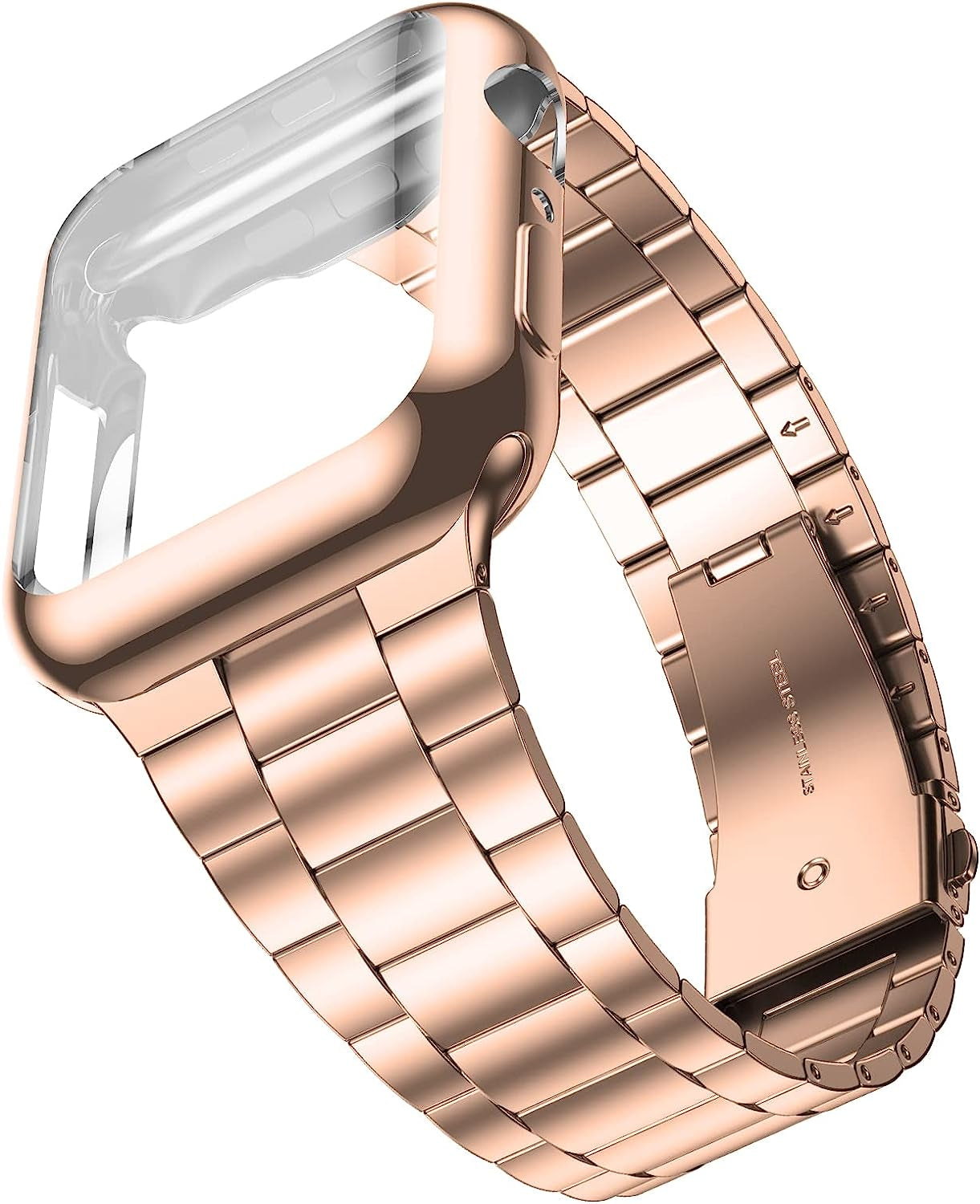 Wolait Compatible with Apple Watch Band 42Mm 44Mm 45Mm 49Mm 38Mm 40Mm 41Mm with Case, Upgraded Business Stainless Steel Band with Screen Protector Cover for Iwatch Series 8/7/6/SE Series 5/4/3/2/1  Wolait Rose Gold 44mm 