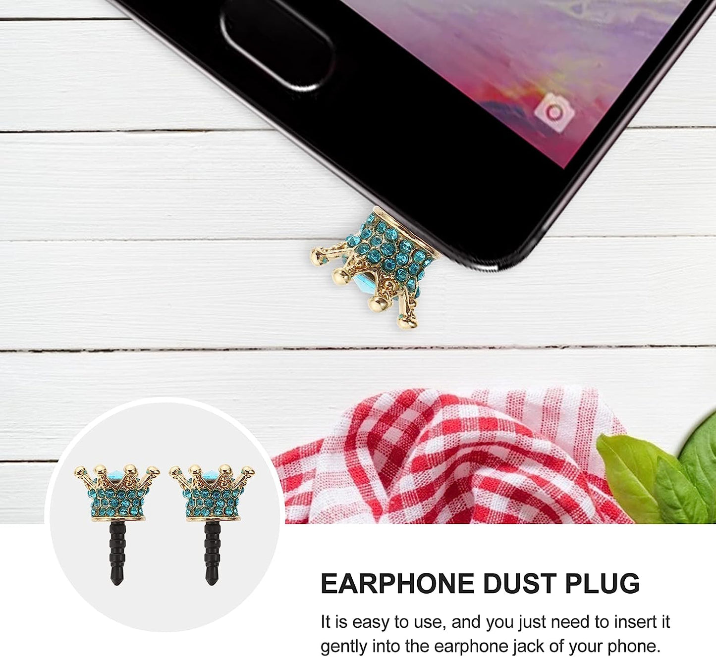 Hemobllo 2Pcs Earphone Jack Plug Crown Earphone Jack Stopper Rhinestone Dust Caps DIY Phone Accessories for 3. 5MM Headphone (Sky Blue)  Hemobllo   